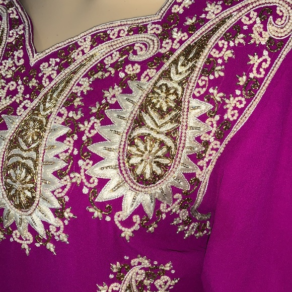 Vintage beaded magenta purple puff sleeve Punjabi Ethnic party dress S M - Picture 6 of 11